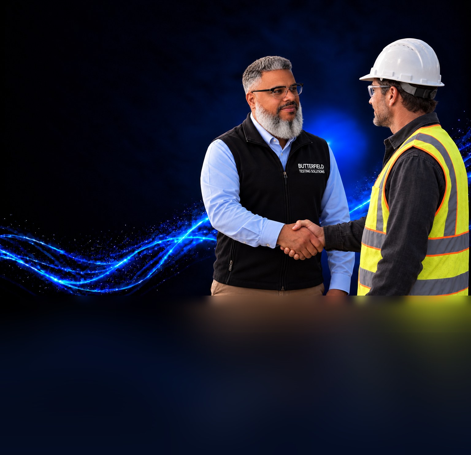 Butterfield Testing Solutions account manager shaking hands with a construction worker in a white hard hat and hi-vis vest
