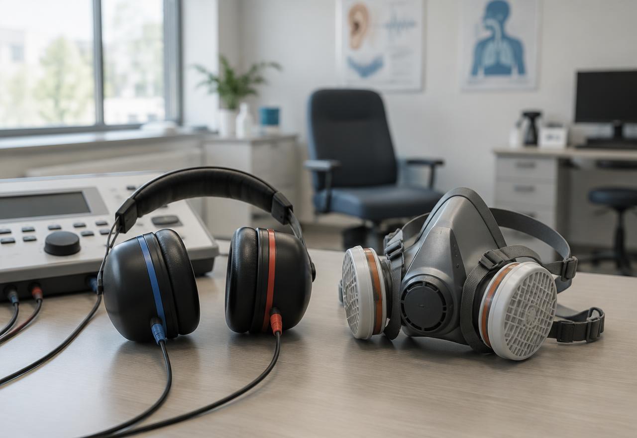 Audiometer headphones beside a half-face respirator mask in a clinic