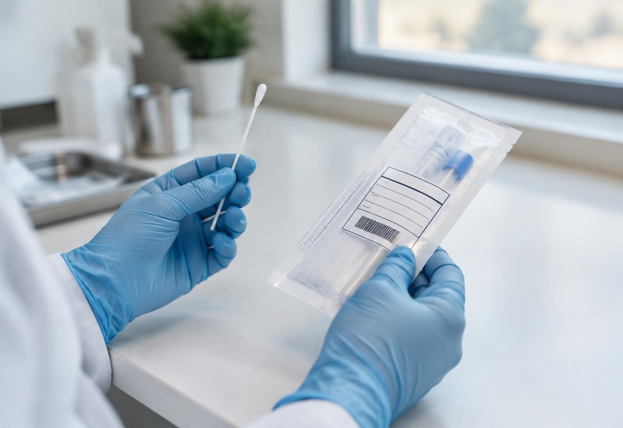 Gloved technician holding a cheek swab and sealed DNA collection kit