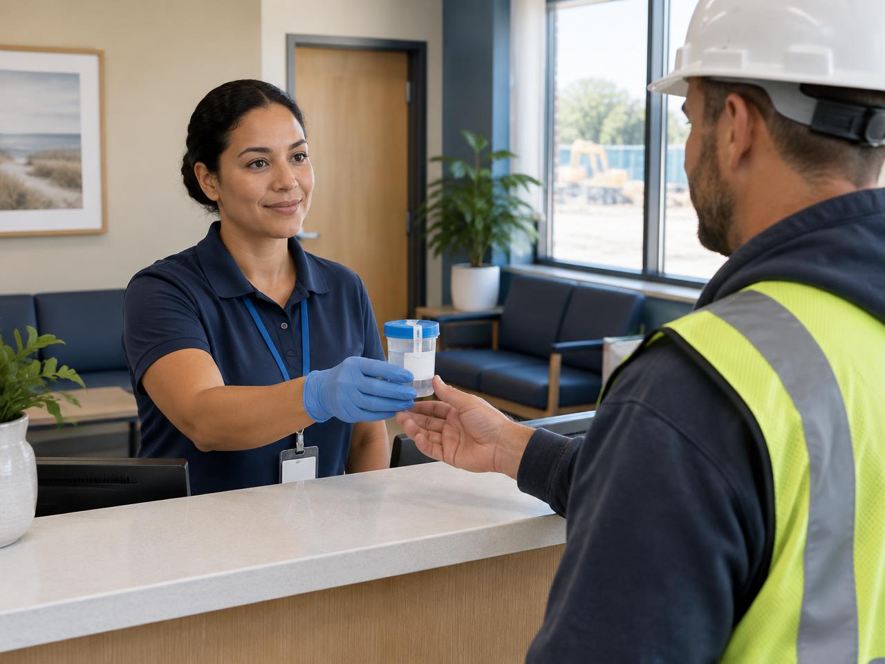 Butterfield collector handing a sealed specimen cup to a walk-in donor at a clinic counter